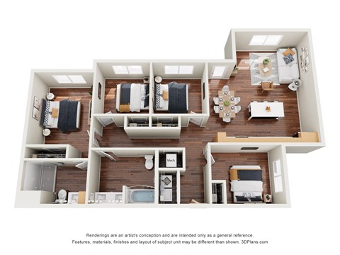 Floor plan for 4 beds, 2 baths, 1337 sqft